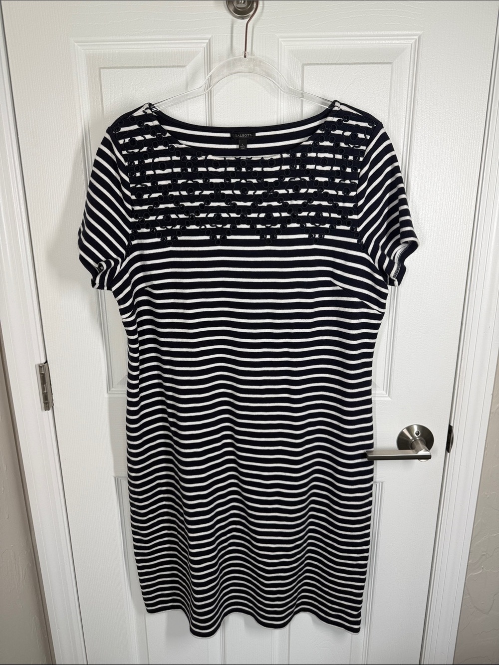 Talbots dark navy blue and white striped eyelet embroidered dress size large
